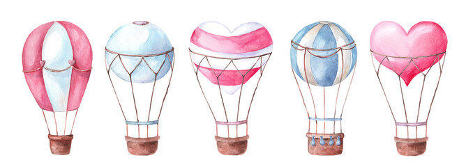 Watercolor set of vintage balloons with baskets. Illustrations of aircraft in the shape of a heart isolated on a white background. Drawings for scrapbooking and cards