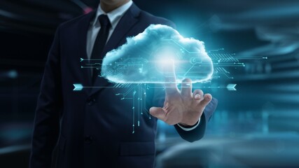 A businessman dressed in a formal suit, reaching out towards a mesmerizing holographic cloud