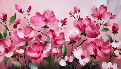 Abstract spring or summer flowers, pink acrylic painting on canvas. Oil painting, brush strokes.