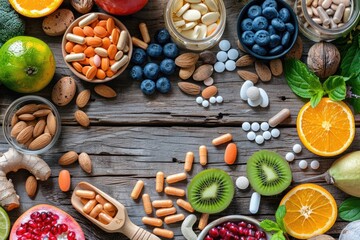 Fototapeta premium Natural remedies for immunity and cold on wooden table.
