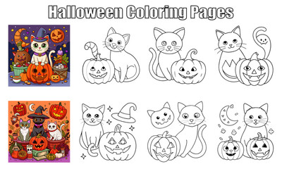 Fototapeta premium Halloween cat and pumpkin coloring page