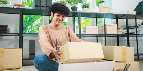 Asian Woman Thrives in Online Business: Entrepreneurship from Home, Shipping Products with Logistic...