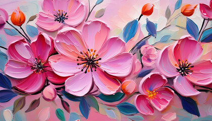 Abstract spring or summer flowers, pink acrylic painting on canvas. Oil painting, brush strokes.