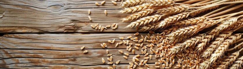 Rustic Wheat A rustic tableau of wheat sheaves and loose grains on weathered wood, evoking a sense of tradition and the simplicity of farm life