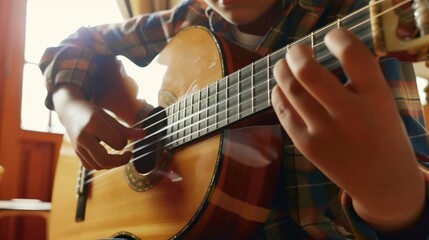 Obraz premium The image captures a close-up of the boy's focused expression as he plays.