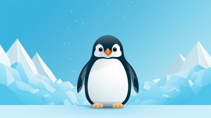 Fototapeta premium Cute cartoon penguin standing on ice with a snowy background. Perfect for winter, nature, and wildlife themes in a fun and charming style.