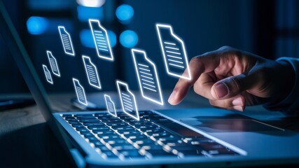 A close-up view of a person's hand interacting with a laptop