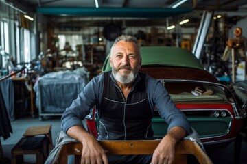 portrait of man at vintage car in an automobile upholstery workshop