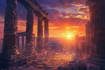 Majestic ancient ruins glowing in the warm light of a dramatic sunset, creating a picturesque and atmospheric archaeological site with historical significance from a past civilization
