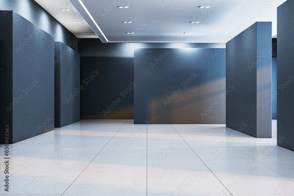 Poster A modern gallery interior with empty walls for art exhibition, in a minimal design style on a light background, concept of a creative space. 3D Rendering