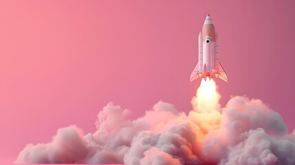 3d render of rocket taking off with smoke, pastel pink background.