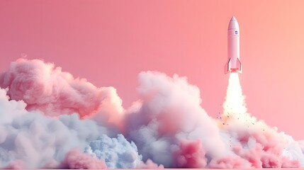 Fototapeta premium 3d render of rocket taking off with smoke, pastel pink background.