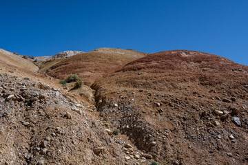panoramic landscape with unusual red mountains with a Martian view filmed from a drone in Altai in May