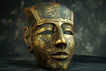Vintage gold mask with cracks and patina, staged against a moody, dark artistic backdrop