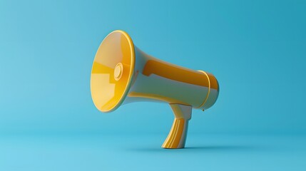 3D rendering of a yellow megaphone on a blue background. A simple flat illustration with soft shadows and no contrast.