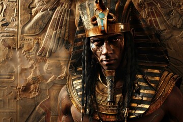 Intense portrait of a man dressed as an ancient egyptian pharaoh with a detailed hieroglyphic backdrop