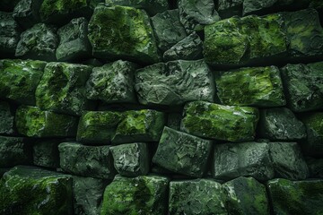 Fototapeta premium Close-up of an old moss-covered stone wall with dark green hues, showcasing rustic, weathered texture and natural patterns.