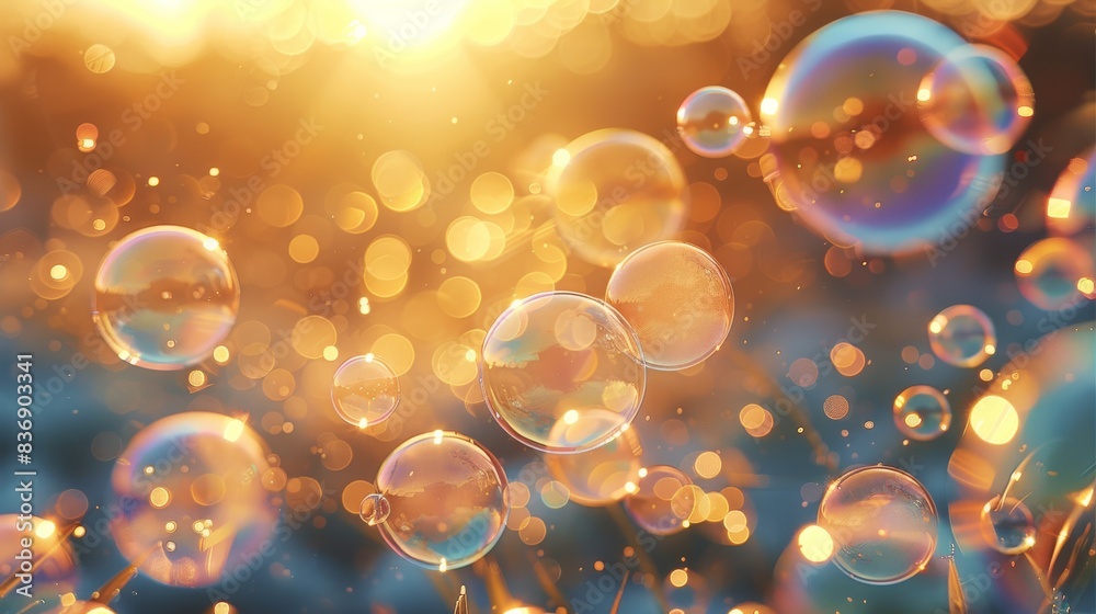 Poster iridescent bubbles drifting in the golden light of dawn. generative ai.