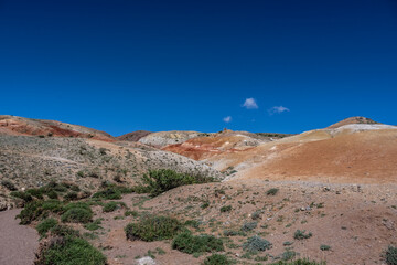 panoramic landscape with unusual red mountains with a Martian view filmed from a drone in Altai in May