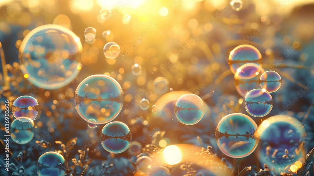 Poster Iridescent bubbles drifting in the golden light of dawn. Generative AI.