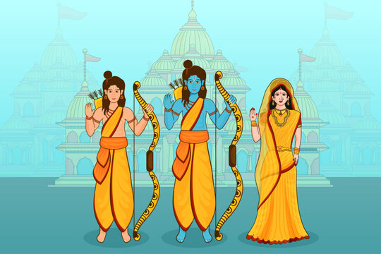 Hindu Mythology Lord Rama with His Wife Sita, Little Brother Lakshman on Decorative Ayodhya View and Happy Diwali