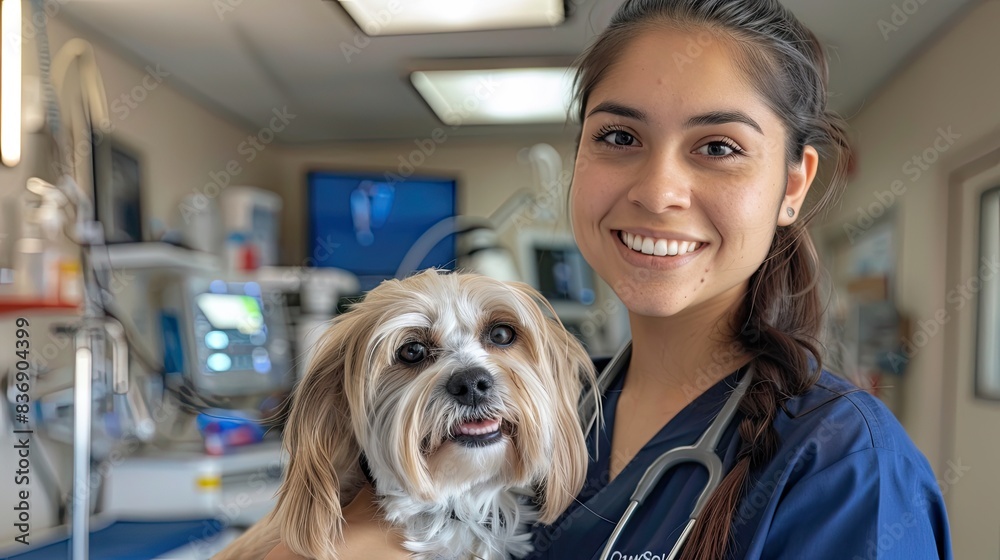 Sticker A young, smiling veterinarian with a dog in her arms.