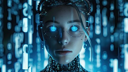 A portrait of an humanlike AI robot woman with glowing blue eyes and white skin, wearing futuristic attire against a backdrop of digital code.