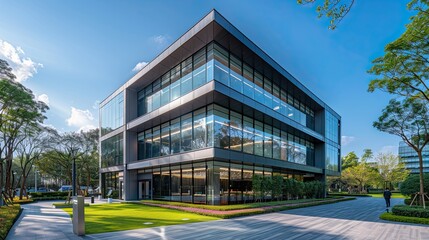 Obraz premium Glazed office building, modern construction, exterior view.