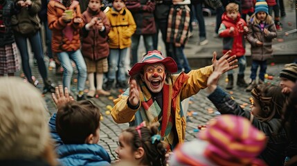 Street clown telling a funny joke, surrounded by a crowd of children and adults laughing and clapping.