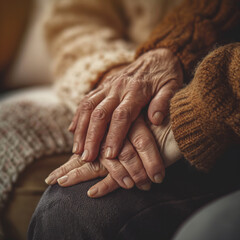 Fototapeta premium Close-up of a hand holding an elderly man's hand, showing love and support, against the background of a warm home environment