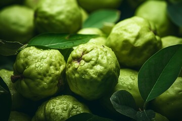 Fototapeta premium close up of guava fruit and water drops, generative ai