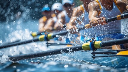 A competitive rowing scene, rowers in perfect sync during a regatta, water splashing. Generative AI.