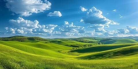 Obraz premium Breathtaking view of a peaceful countryside landscape with lush green fields, rolling hills, and a picturesque sky.