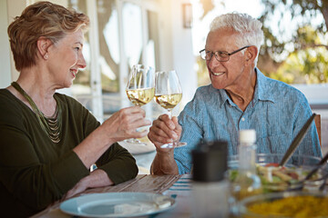 Love, food and senior couple with wine toast on patio for anniversary, celebration or birthday party brunch. Alcohol, happy and old people at outdoor restaurant with retirement, cheers or bonding