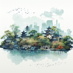 Fototapeta premium a painting of a city with a lake