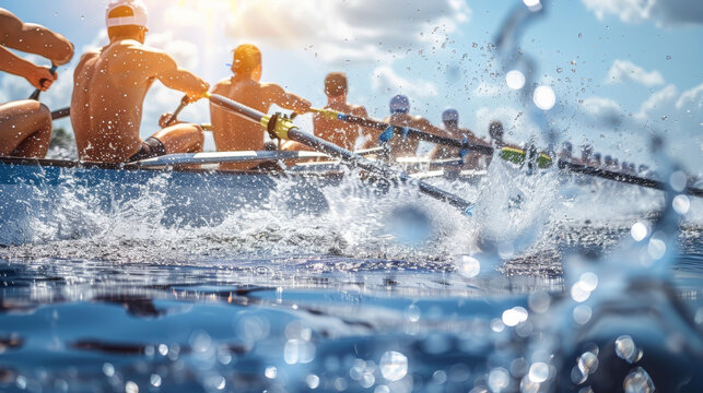 A competitive rowing scene, rowers in perfect sync during a regatta, water splashing. Generative AI.