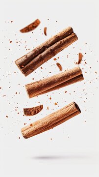 Cinamon sticks floating on a white background.