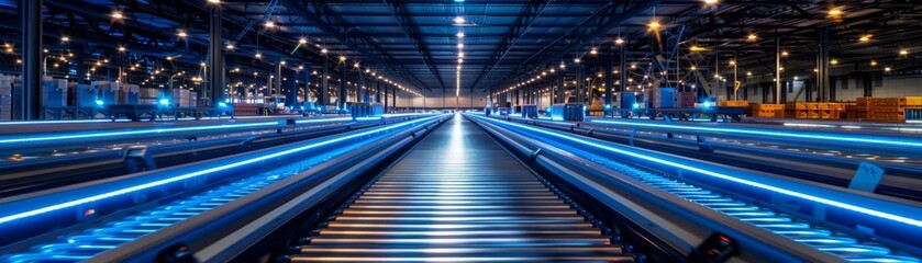 Fototapeta premium Smart warehouse technology in action, conveyors lit with blue lights efficiently sorting packages, industrial innovation