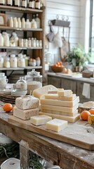 Fototapeta premium Rustic kitchen filled with handmade cut soap on the table being prepared for a farmer's market.