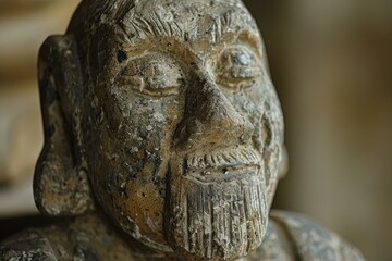 Closeup of an ancient handcrafted wooden statue with intricate carved patterns, showcasing the aged and weathered texture of this cultural artifact