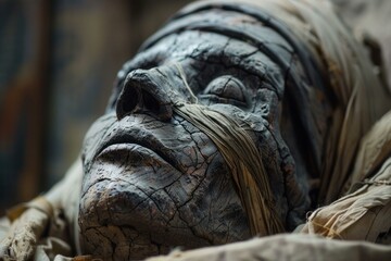 Closeup of a mummified face with intricate textures and ancient wrappings, evoking eerie historical mystery