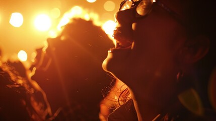 Close-up of joyful faces illuminated by strobe lights, expressions of exhilaration and abandon embodying the spirit of a dance party.