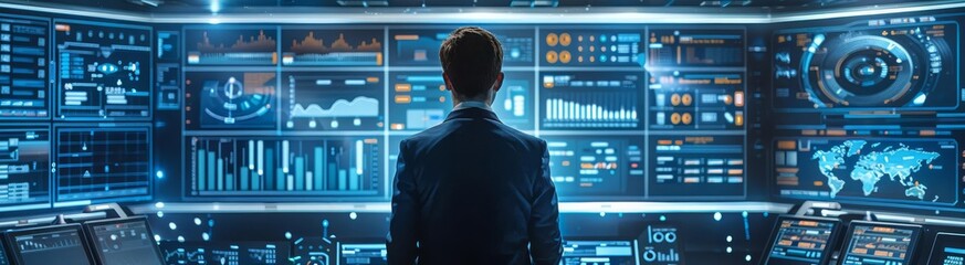 Strategic command center environment, a figure analyzing data on futuristic screens, strategic decisionmaking scene