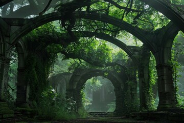 Discovering the ancient and mystical beauty of an enchanted forest ruins with overgrown ivycovered arches, a serene and tranquil setting surrounded by lush vegetation and gothic architecture