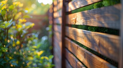 The modern wooden fence, showcasing its sleek design and texture in a well-landscaped backyard with greenery and trees, emphasizing the natural beauty of the garden.