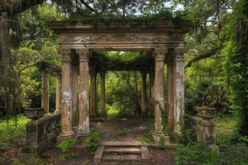 Ancient columns amidst greenery evoke mystery and history in a tranquil forest setting
