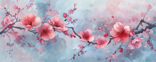 Elegant watercolor painting of cherry blossom branches with delicate pink flowers against a soft, dreamy background.