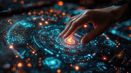 Advanced AI interface with futuristic holograms and virtual reality elements representing cutting-edge technology