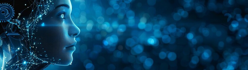 Obraz premium Futuristic AI concept with a digital female face immersed in a blue light matrix, symbolizing advanced technology and artificial intelligence.