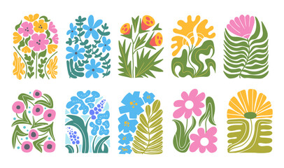 Groovy abstract floral arch. Wavy retro flower plant in naive hippie 60s 70s style. Floral botanic vector illustration frame